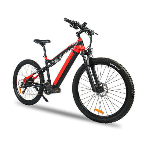 Siroock eMTB Electric Mountain Bike features a sleek red and black design for optimal performance and style.