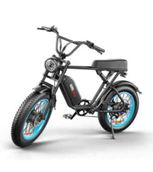 C91 Dual Drive Electric Power Bike in black and blue design with dual motors and rugged tires.