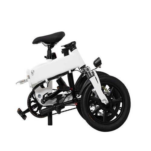 VoltStrider™ Compact 14 – folding urban electric bike in white color, folded for easy storage.