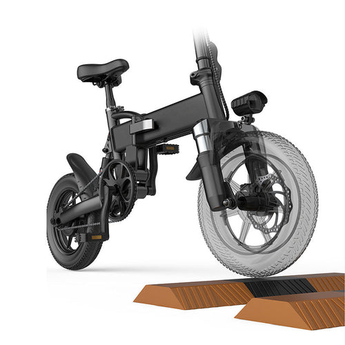 VoltStrider™ Compact 14 folding urban electric bike showcased in action, featuring a sleek black design and advanced features.