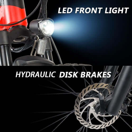 Siroock eMTB Electric Mountain Bike featuring LED front light and hydraulic disk brakes for enhanced safety and performance.