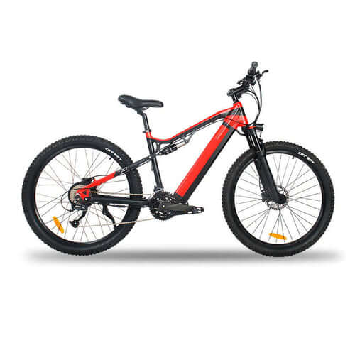 Siroock eMTB Electric Mountain Bike with black and red frame, showcasing its durable design and mountain biking capabilities.