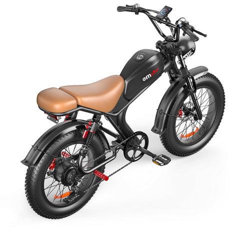 eMoto C93™ retro-style electric bike with fat tires and dual suspension, showcasing classic design and modern technology.