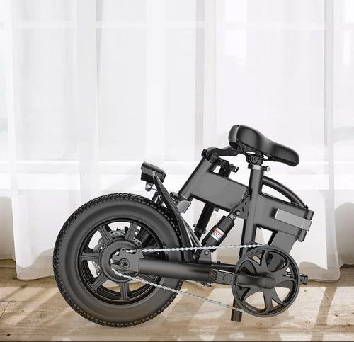 VoltStrider™ Compact 14 folding urban electric bike in folded position under sheer curtains.