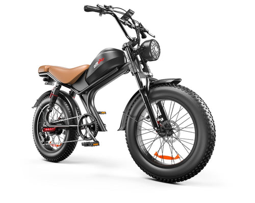 eMoto C93™ retro-style electric bike with fat tires and dual suspension, showcasing classic look and modern tech.