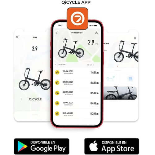 Xiaomi QiCycle C2 electric bike app interface showcasing distance tracking and available on Google Play and App Store.