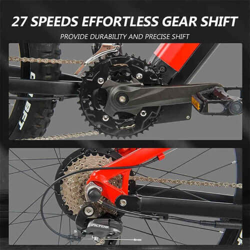 Detail of Siroock eMTB Electric Mountain Bike showing 27 speeds effortless gear shift for durability and precision.