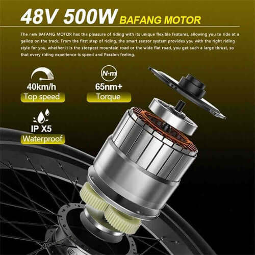 48V 500W Bafang motor specifications for Siroock eMTB Electric Mountain Bike, showcasing speed and torque features.