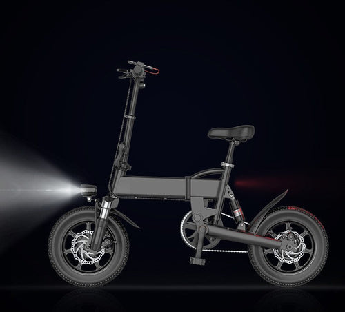 VoltStrider™ Compact 14 folding urban electric bike in black with front light and disc brakes.