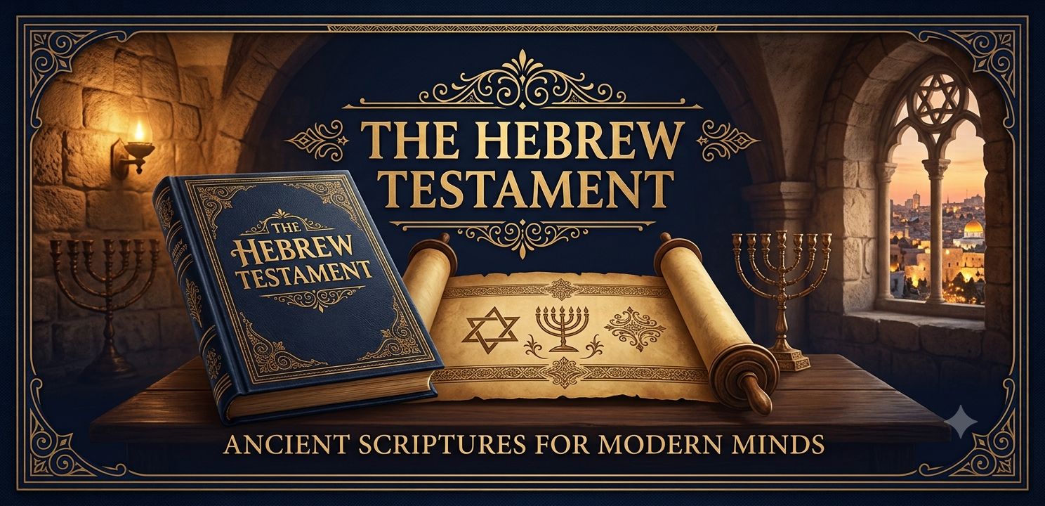 The Hebrew Testament book and scrolls depicting Hebrew scriptures app in a historic setting with candlelight.
