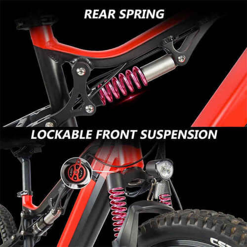 Siroock eMTB Electric Mountain Bike's rear spring and lockable front suspension design for enhanced ride quality.