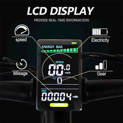 LCD display panel showing real-time information like speed, mileage, electricity, and gear for Siroock eMTB Electric Mountain Bike.