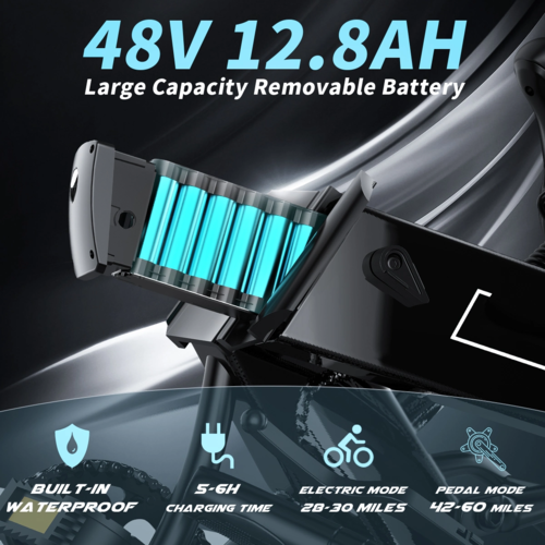 750W electric bike with fat tires featuring 48V 12.8Ah removable battery and waterproof design.