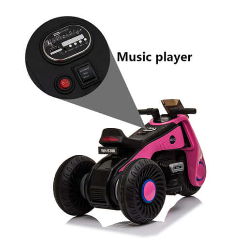 Children's electric motorcycle three wheel featuring a music player control panel.