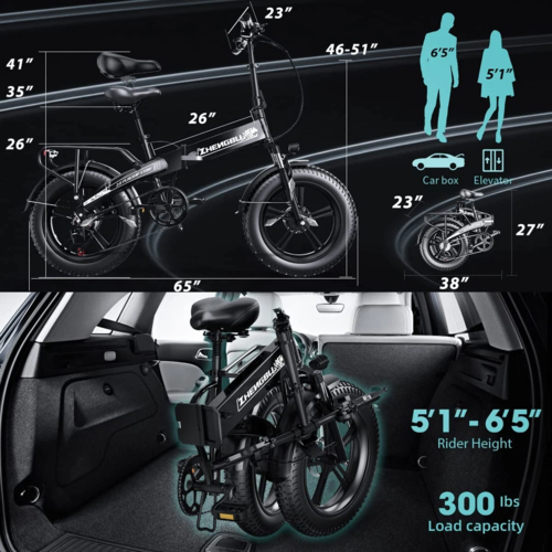 750W electric bike with fat tires dimensions and storage capability in a car trunk.