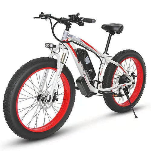 Forever™ E-Glide electric mountain bike for snow with fat tires, 350W motor, and sleek design.
