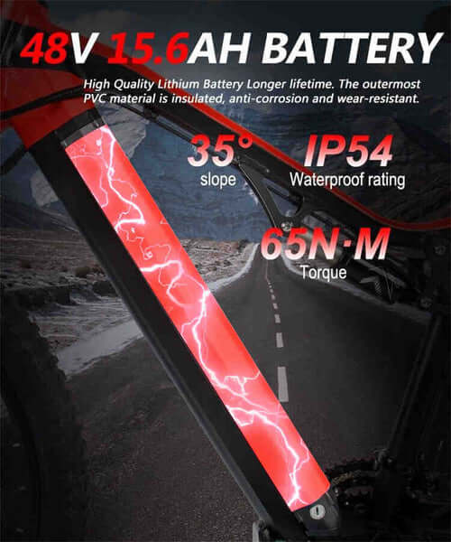 Siroock eMTB Electric Mountain Bike 48V 15.6AH battery, features IP54 waterproof rating, 35° slope capability, and 65N-M torque.